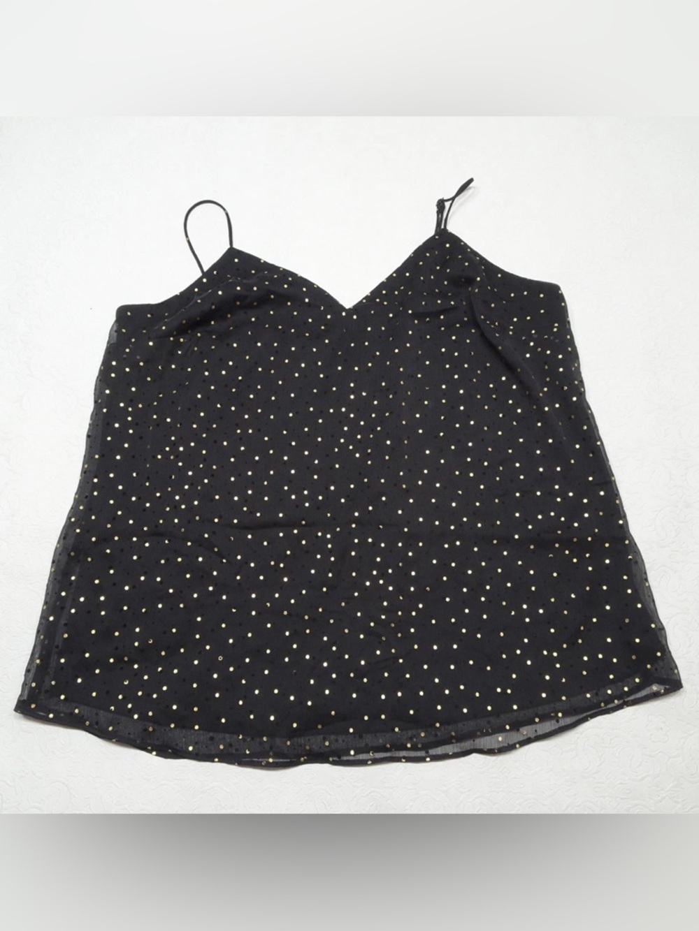 Nine West Black V-Neck Tank/Blouse with Gold Polka Dots Large gently worn
